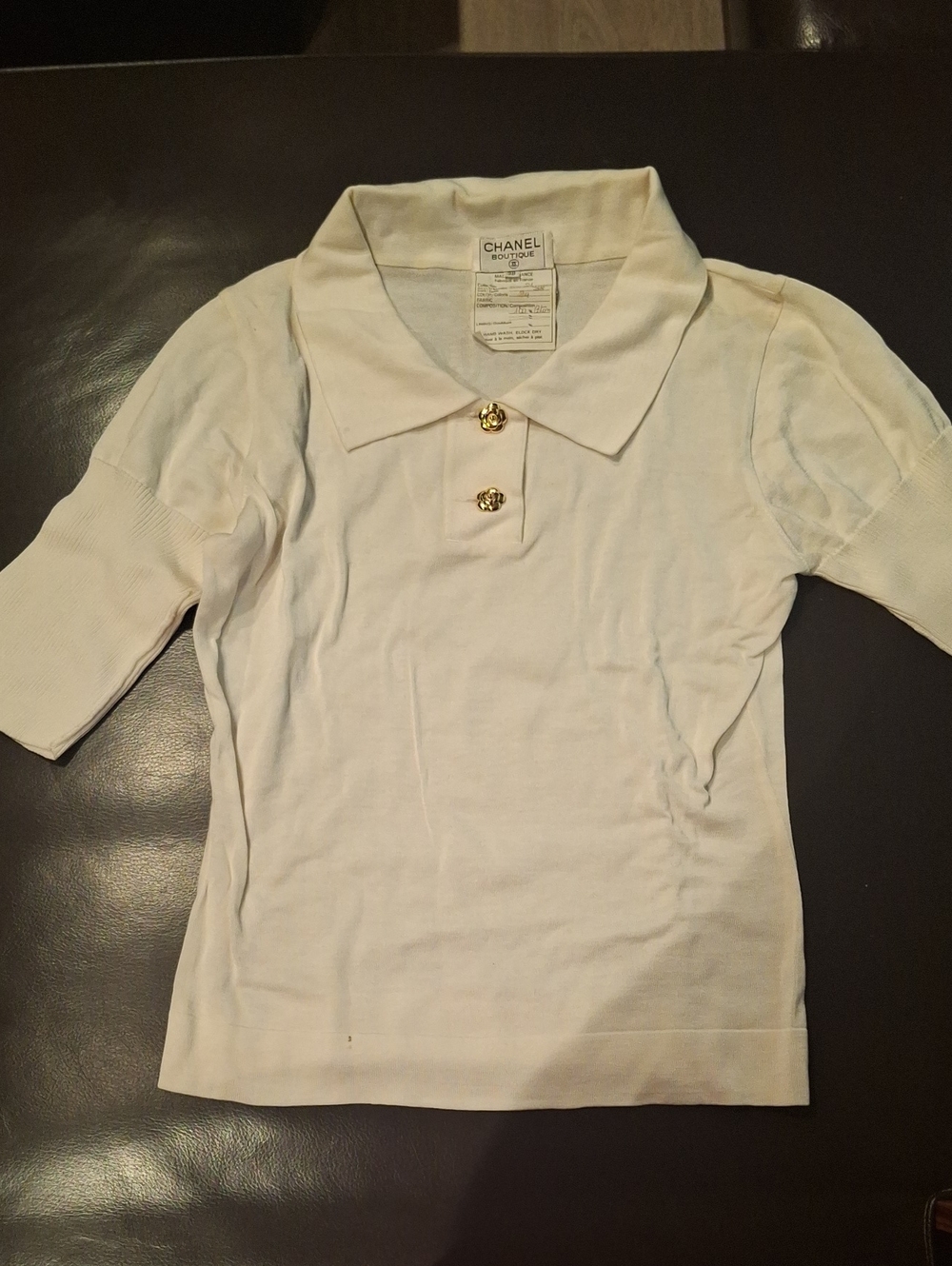 CHANEL Cream Knit Short Sleeve with Gold Buttons